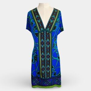 Hale Bob M dress tunic blue green V neck cap sleeve